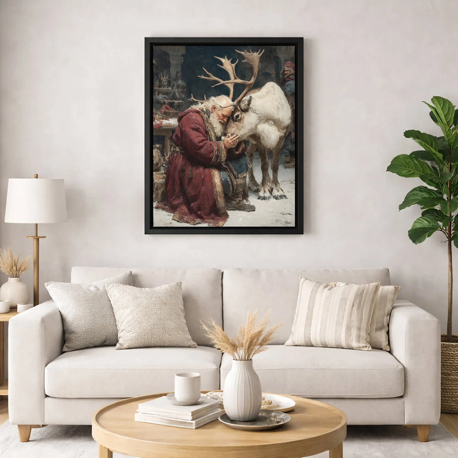 Santa Claus and Reindeer Canvas Wall Art | Nostalgic Christmas Oil Painting Style | Premium Gallery Wrap 1.25" Profile | Festive Holiday Home Decor Gift