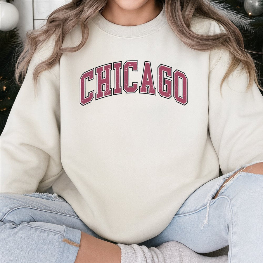 Chicago Sweatshirt | Vintage Varsity Lettering Graphic | Premium Cotton-Poly Blend | Unisex Crewneck Gift For Travelers And Windy City Locals