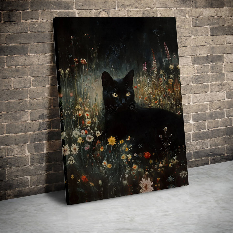 Black Cat Wall Art | Moody Wildflower Meadow Oil Painting | Gallery-Wrapped Premium Canvas | Whimsical Nature Lover Gift
