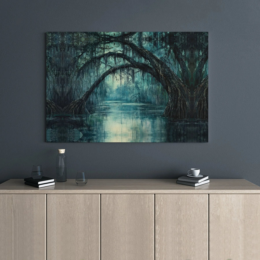 Mysterious Bayou Swamp Canvas Wall Art | Dark Moody Cypress Forest Landscape | Premium Gallery Wrap Print | Gothic Home Office Decor