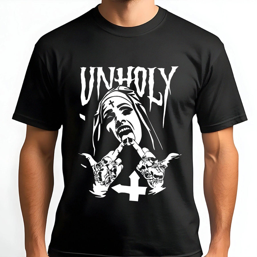 Unholy Nun Graphic T-Shirt | Edgy Gothic Streetwear | Premium 100% Cotton Tee | Dark Alt Aesthetic Gift for Men and Women