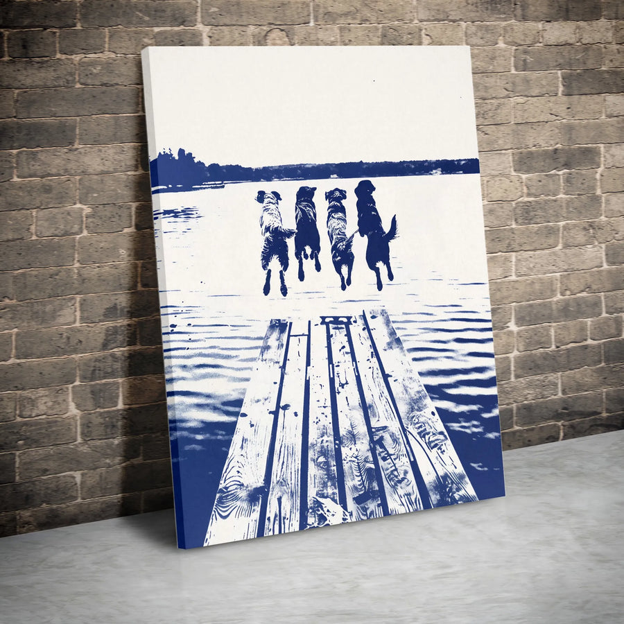 Dog Dock Jumping Wall Art | Four Dogs Silhouette Blue And White Print | Premium Gallery-Wrapped Canvas | Animal Lover Home Decor Gift