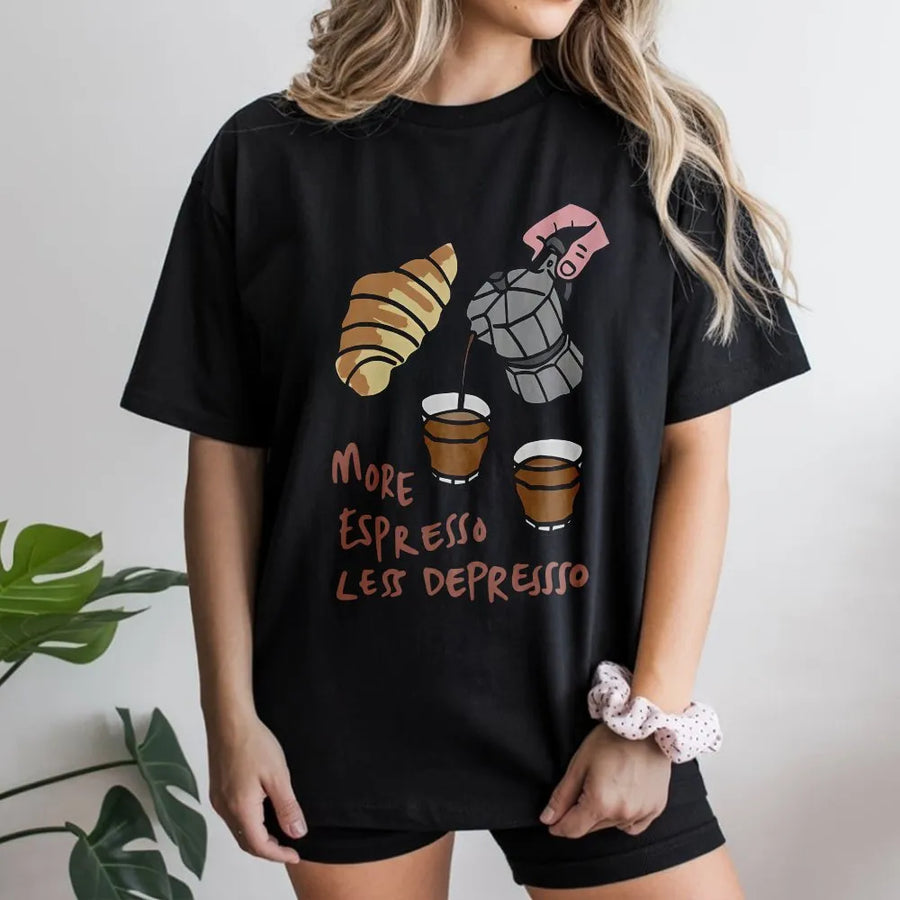 Espresso T-Shirt | More Espresso Less Depresso Funny Quote | Premium Cotton Blend | Gift for Coffee Lover & Barista