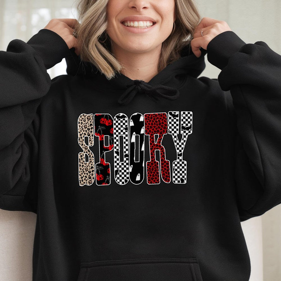 Spooky Halloween Hoodie | Leopard Checkered Graphic Design | Premium Cotton-Poly Blend | Cute Fall Sweatshirt Gift for Women and Teens