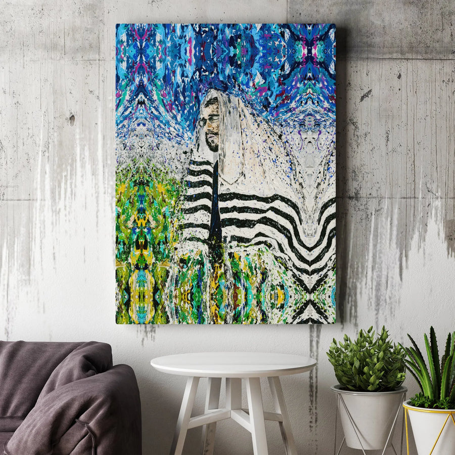 Jewish Prayer Abstract Art Vertical Canvas | Colorful Tallit & Tefillin Expressionist Portrait | Premium 1.25 Inch Gallery Wrap | Spiritual Judaica Gift for Home Office Decor