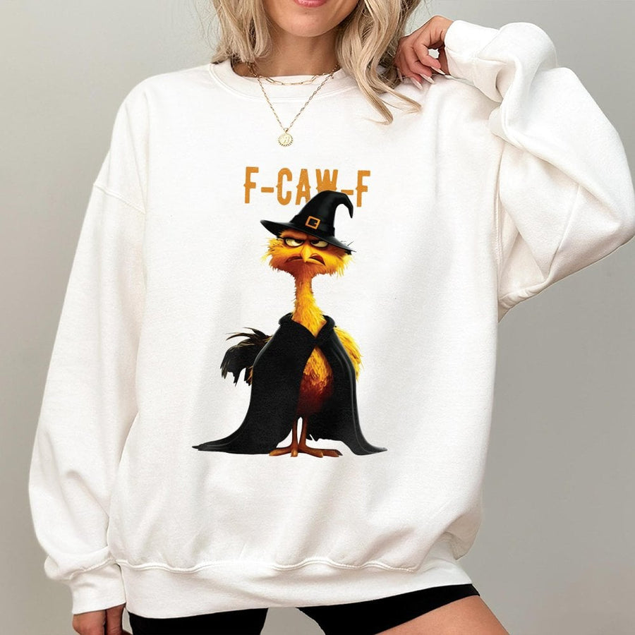 F-Caw-F Witch Chicken Sweatshirt | Funny Halloween Pun Graphic Tee | Premium Cotton Blend Crewneck | Spooky Gift For Bird Lovers
