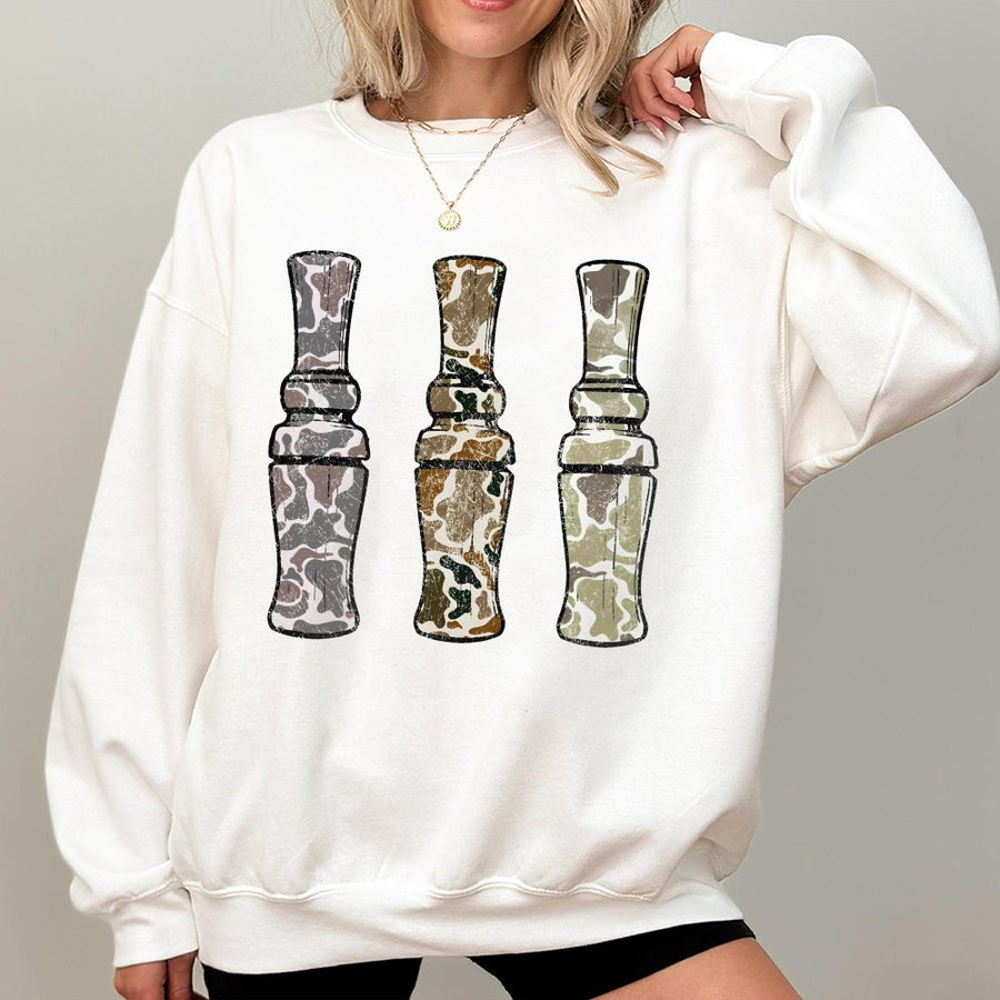 Duck Call Hunting Sweatshirt | Retro Camo Design Graphic | Premium Cotton Blend | Gift for Duck Hunter Outdoorsman