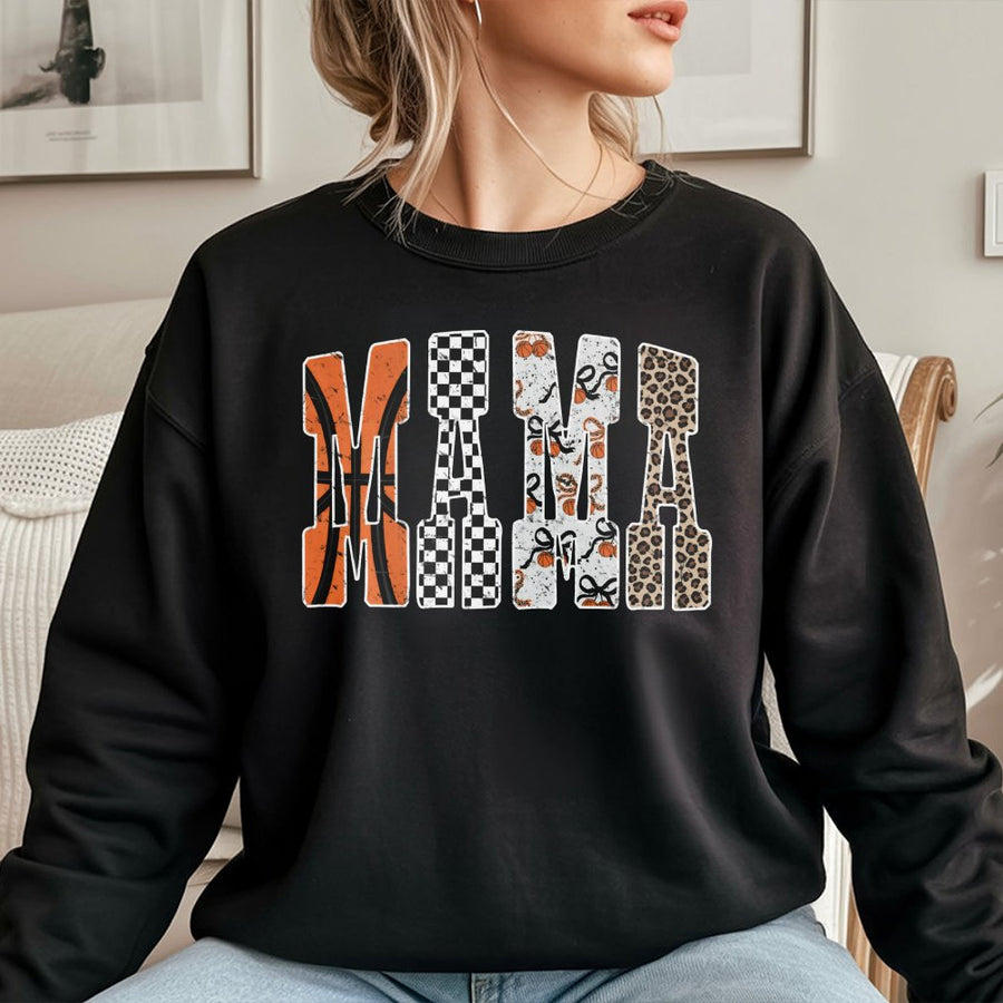 Basketball Mama Sweatshirt | Retro Checkered Leopard Print Design | Premium Cotton-Poly Blend | Cozy Game Day Gift for Sports Moms