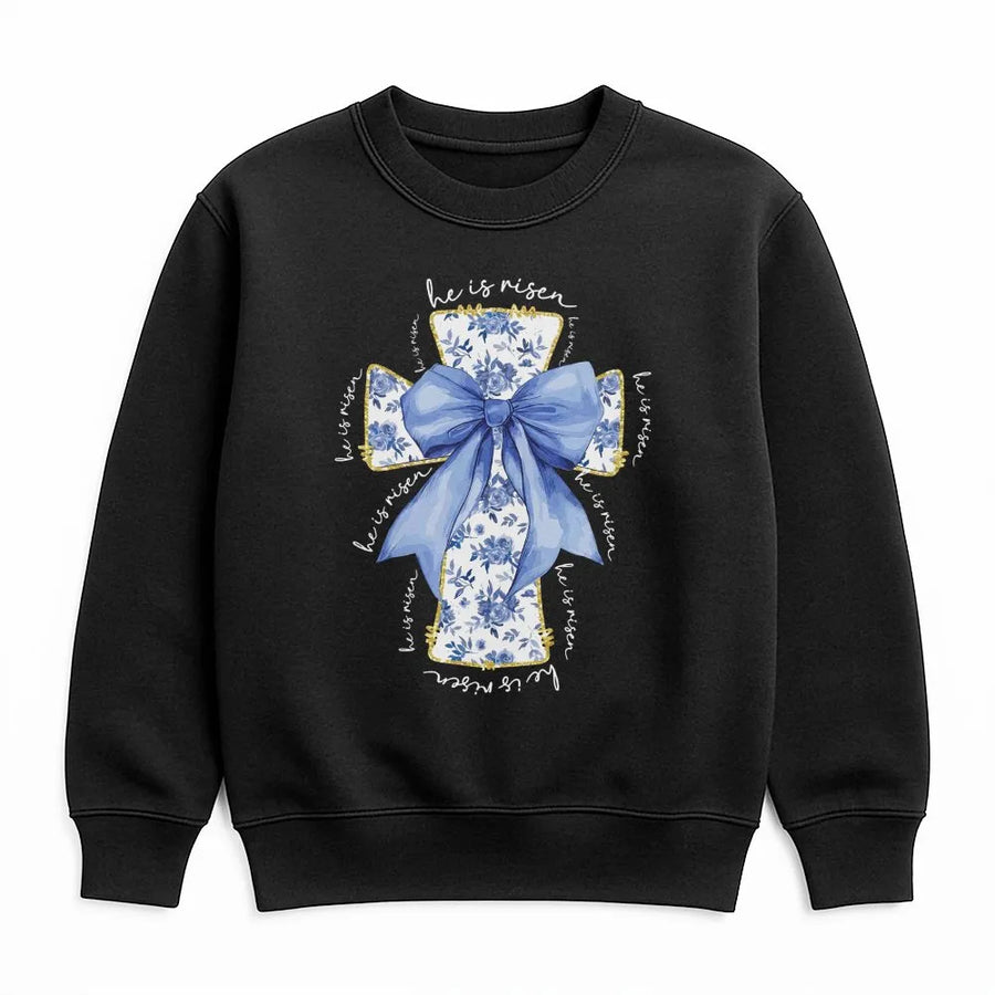 He Is Risen Sweatshirt | Blue Floral Cross with Bow Graphic | Premium Cotton Blend | Religious Easter Gift for Christian Women and Men