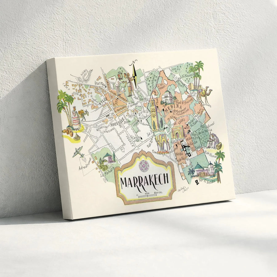Marrakech Map Wall Art | Vintage Illustrated City Print | Premium Gallery-Wrapped Canvas | Travel Decor Gift for Morocco Lovers
