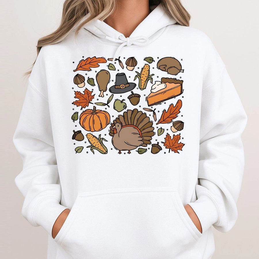 Thanksgiving Hoodie | Cute Fall Doodles Graphic Print | Premium Cotton Blend | Unisex Holiday Gift for Turkey Day Lovers