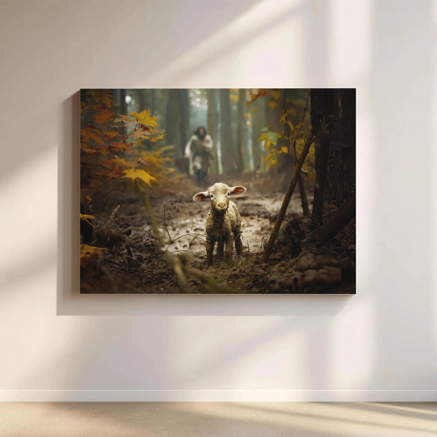 Jesus Good Shepherd Canvas Art | Lost Lamb In Forest Design | Premium Gallery Wrap Wall Decor | Christian Home Gift For Believers