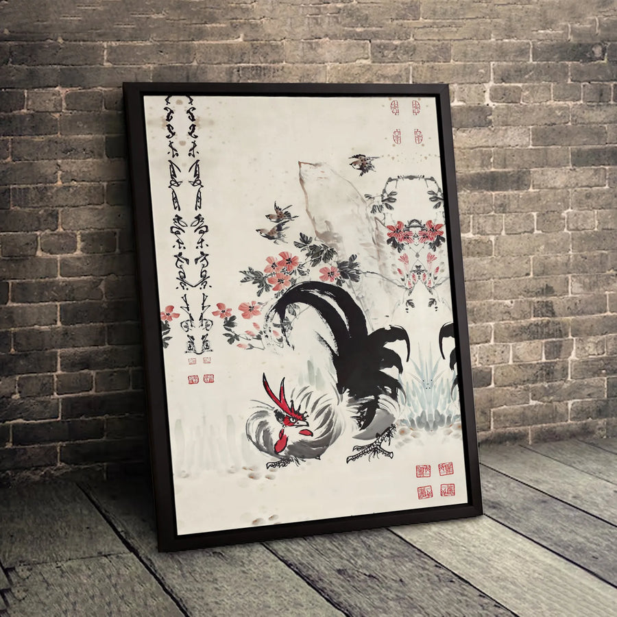 Chinese Rooster Ink Wash Painting | Traditional Asian Floral Calligraphy Art | Premium Gallery-Wrapped Canvas | Zen Home Office Wall Decor