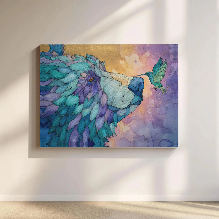 Bear and Hummingbird Wall Art | Watercolor Wildlife Canvas Print | Premium Gallery Wrapped Decor | Nature Lover Gift Idea