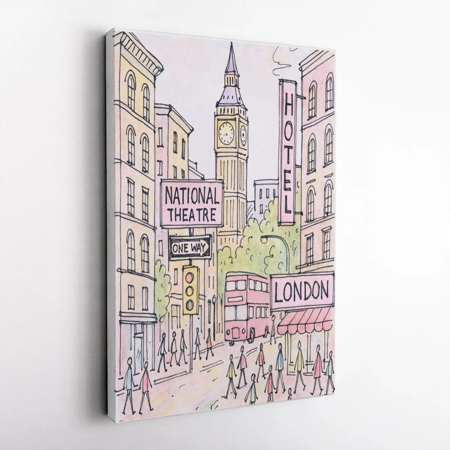 London City Sketch Canvas | Big Ben & Red Bus Illustration | Gallery Wrapped Premium Print | Travel Decor Gift for England Lovers