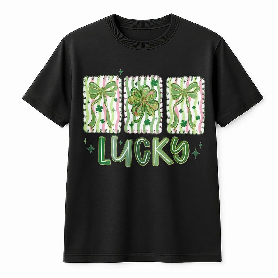 Lucky St. Patrick’s Day T-Shirt | Cute Bow & Shamrock Coquette Aesthetic Graphic | 100% Premium Cotton | Irish Festival Gift for Women