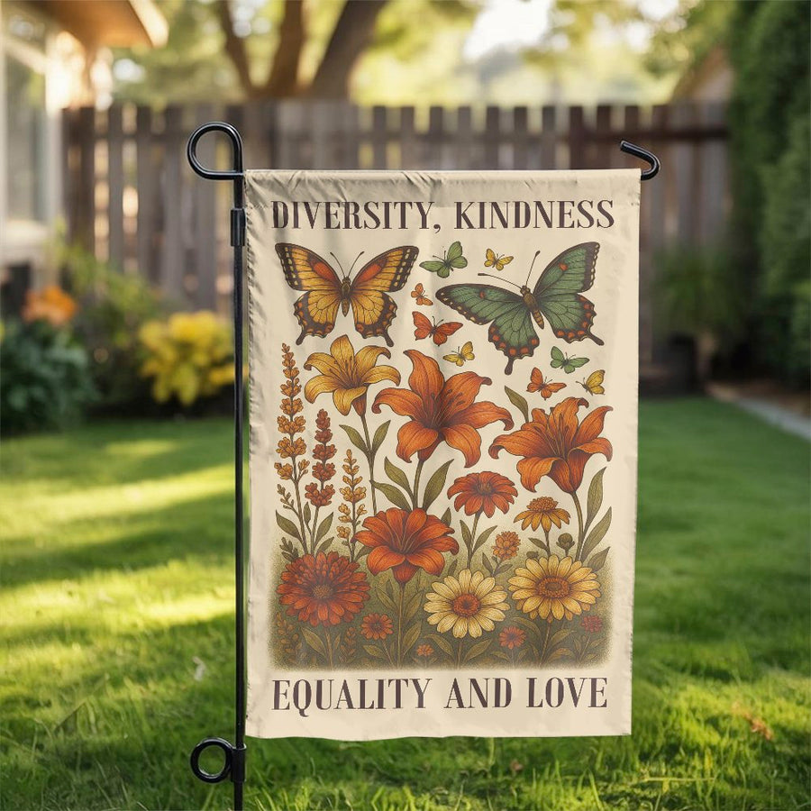 Diversity Kindness Equality Love Garden Flag | Boho Wildflower Floral Banner | Premium Weather-Resistant Polyester | Inspiring Social Justice Outdoor Decor Gift