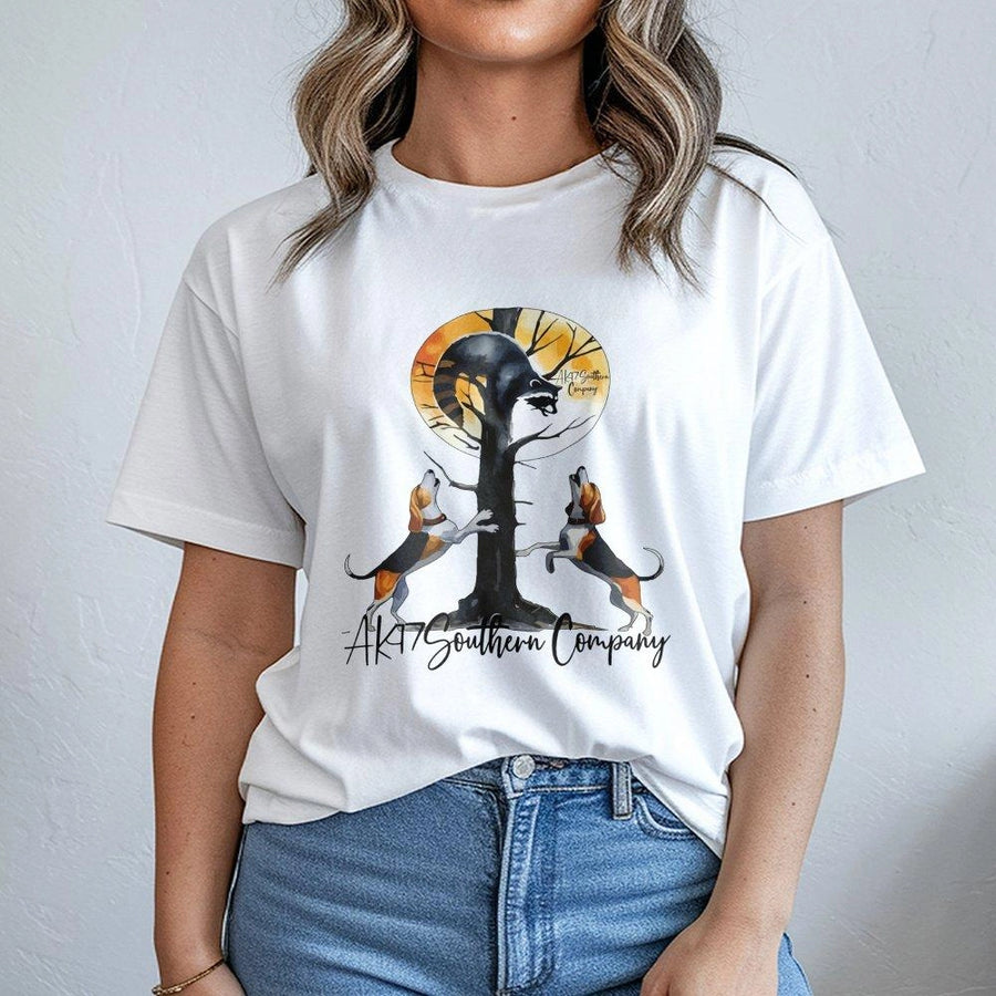 Coonhound Hunting T-Shirt | Treeing Hound Graphic Design | Premium Cotton Apparel | Gift for Hunter and Dog Lover