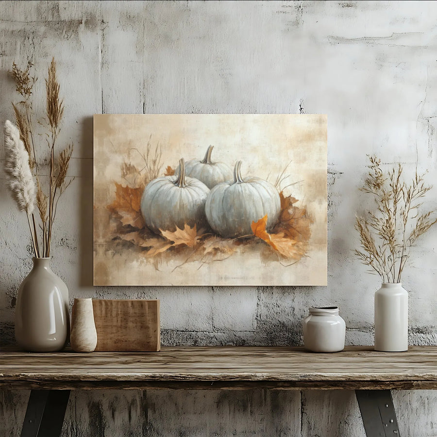 White Pumpkin Canvas Print | Rustic Autumn Harvest Oil Painting Style | Premium 1.25" Gallery Wrap | Fall Farmhouse Home Decor Gift