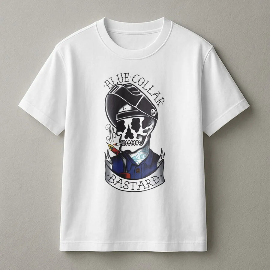 Welder Skull Graphic T-Shirt | Blue Collar Bastard Tattoo Style Art | Premium Cotton Unisex Tee | Funny Gift For Welders And Metalworkers