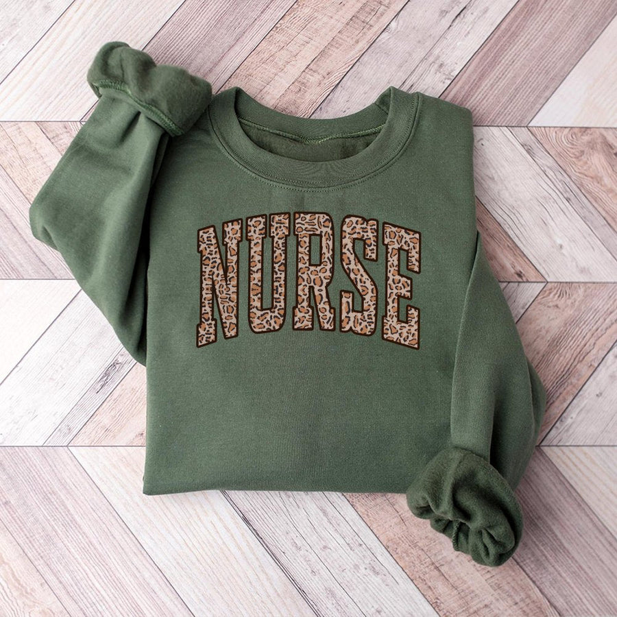 Nurse Leopard Print Sweatshirt | Retro Varsity Letter Design | Premium Cotton-Poly Blend | Cute Nursing Student Graduation Gift