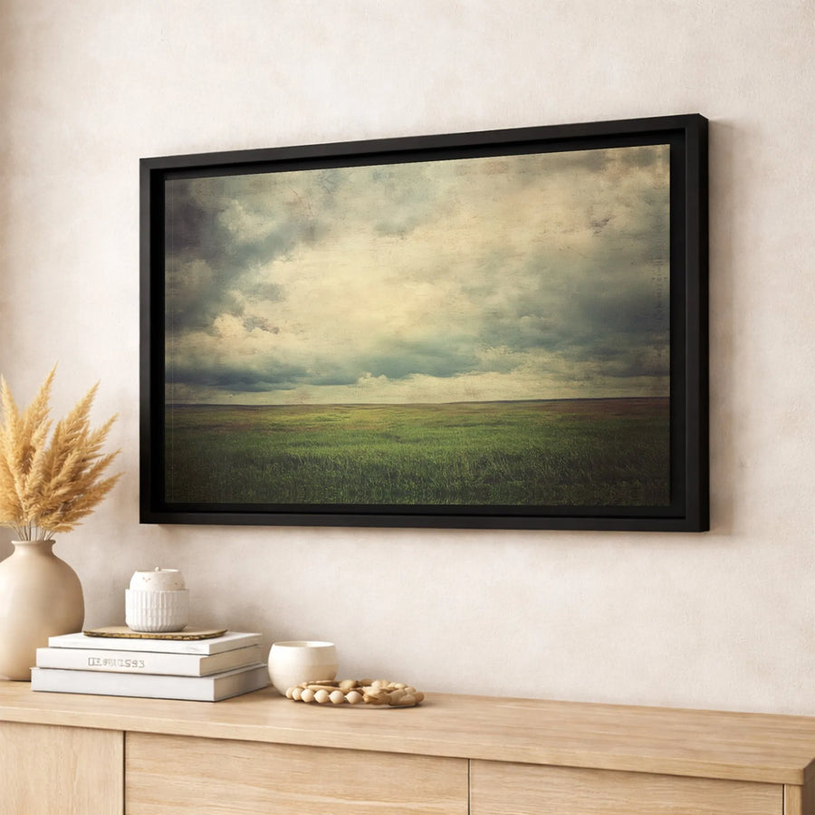Moody Landscape Wall Art | Stormy Sky Over Grassy Field Canvas | Premium Gallery Wrapped Print | Nature Inspired Modern Home Decor