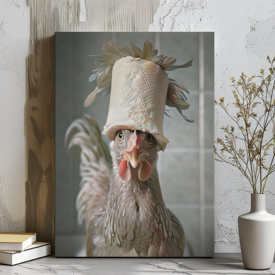 Funny Chicken Wall Art | Whimsical Rooster with Toilet Paper Hat | Premium Gallery Wrapped Canvas | Quirky Farmhouse Decor Gift