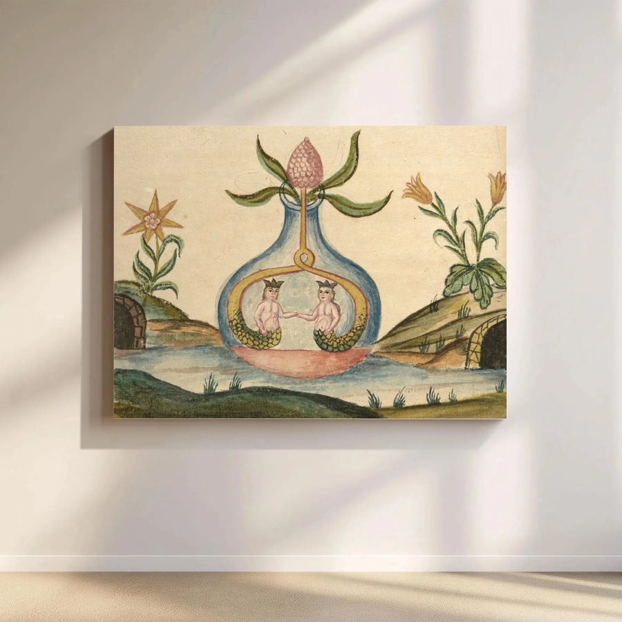 Alchemy Folk Art Canvas Print | Crowned Mermen In Glass Vase Design | Premium Gallery Wrap Wall Art | Esoteric Mystical Decor For Home