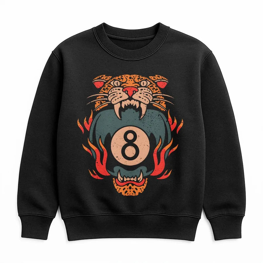 Vintage Tiger 8 Ball Sweatshirt | Flaming 8 Ball Tattoo Art | Premium Cotton Graphic Tee | Gift for Rock and Roll Fan