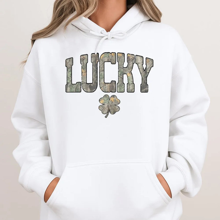 Lucky Shamrock Hoodie | Camo Print St Patricks Day Design | Premium Cotton Blend | Unisex Holiday Gift for Her or Him