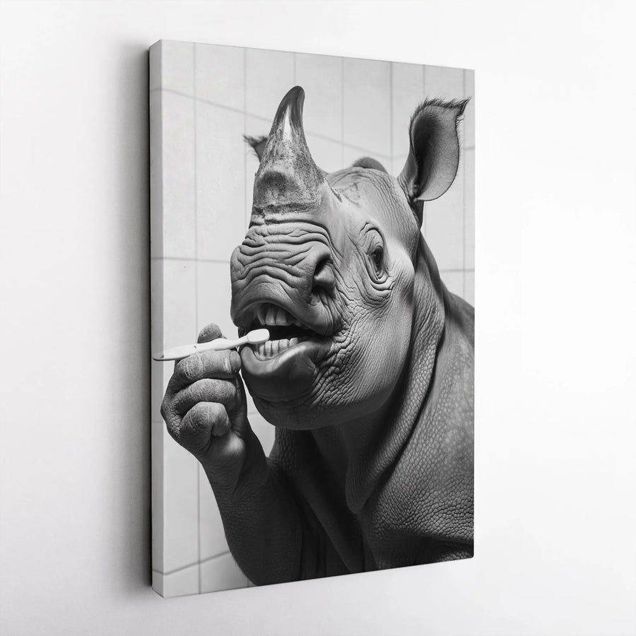 Rhino Brushing Teeth Canvas Wall Art | Funny Animal Bathroom Decor | Premium Gallery Wrap Print | Whimsical Home Decor Gift