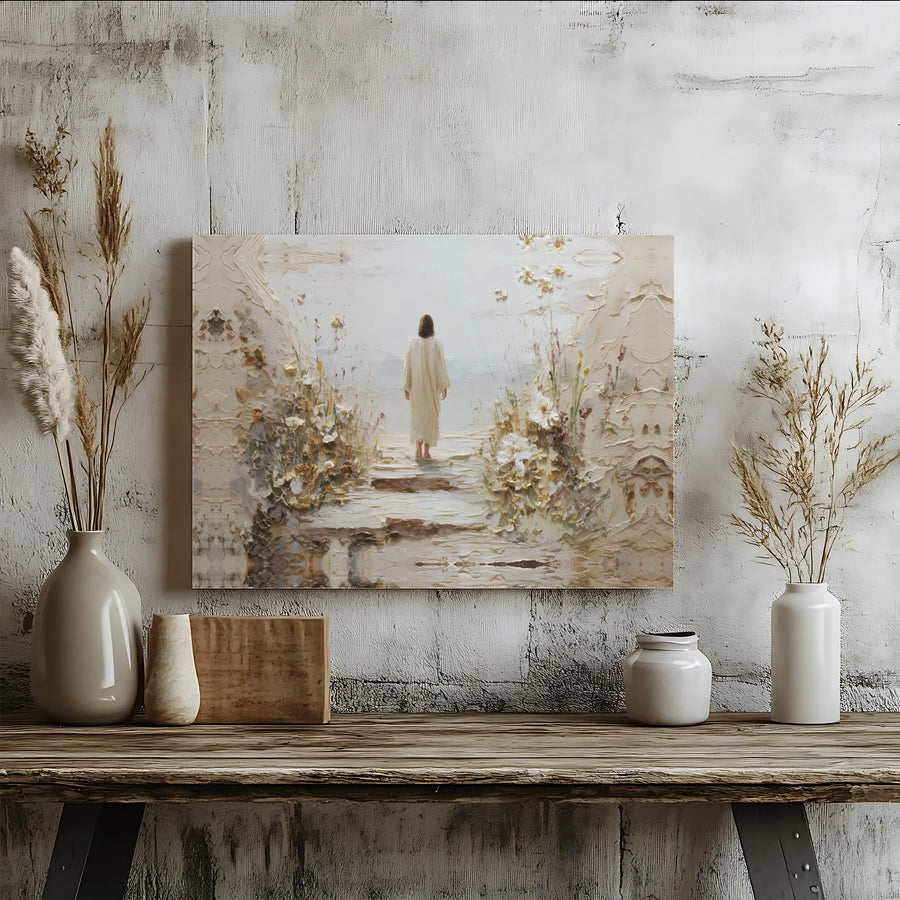 Jesus Walking On Path Canvas Art | Textured Impasto Style Painting | Premium Gallery Wrapped Decor | Christian Wall Art for Home or Church