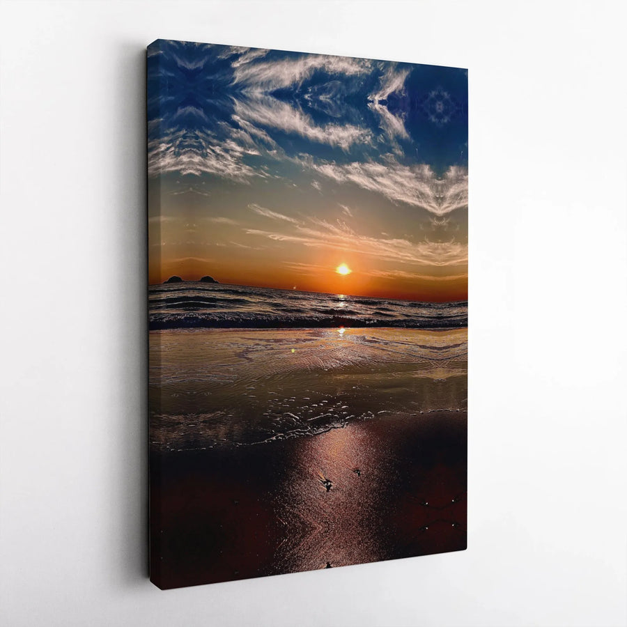 Ocean Sunset Beach Canvas Art | Mirrored Sky Reflections | Premium Gallery Wrap Wall Decor | Coastal Home Gift for Living Room
