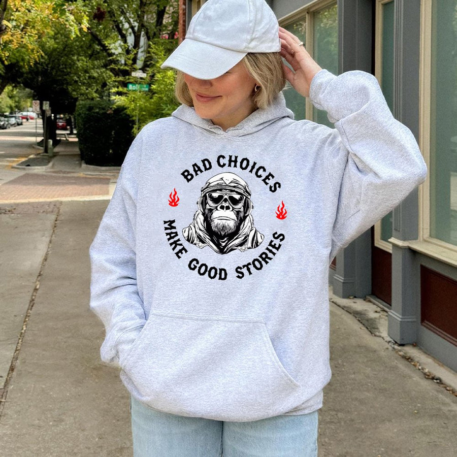 Bad Choices Make Good Stories Hoodie | Funny Monkey Pilot Graphic | Premium Cotton Blend | Unisex Gift for Adventure Seekers