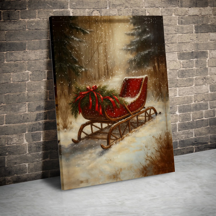 Vintage Red Christmas Sleigh Canvas Print | Snowy Forest Winter Landscape | Gallery-Wrapped Premium Wall Art | Festive Holiday Home Decor Gift