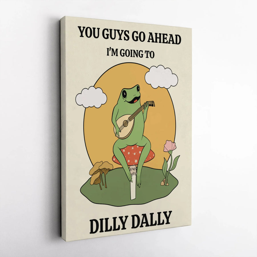 Dilly Dally Frog Canvas Wall Art | Whimsical Mushroom Lute Player | Premium Gallery Wrap Decor | Cottagecore Gift for Nature Lovers