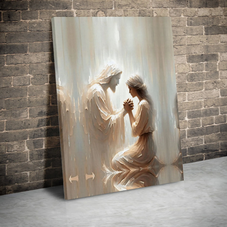 Jesus Holding Hands With A Praying Woman | Spiritual Christian Wall Art | Premium Gallery Canvas | Meaningful Faith Home Decor Gift