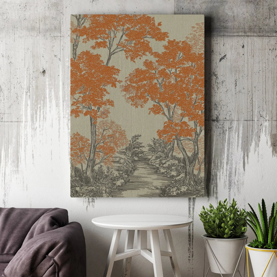 Autumn Forest Vertical Canvas | Vintage Woodland Sketch Print with Orange Trees | Premium Gallery Wrapped Wall Art | Rustic Farmhouse Home Decor Gift
