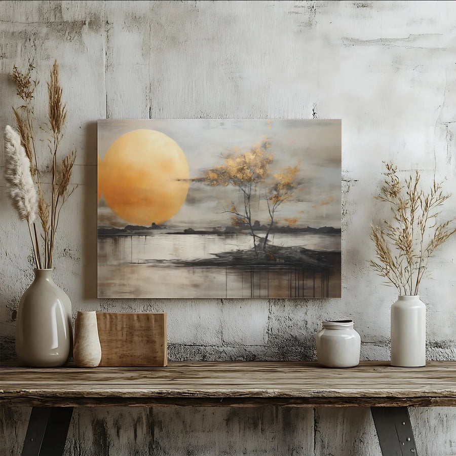Abstract Gold Tree Wall Art | Golden Sun Landscape Canvas Print | 1.25 Inch Gallery Wrap | Modern Home Office Decor Gift