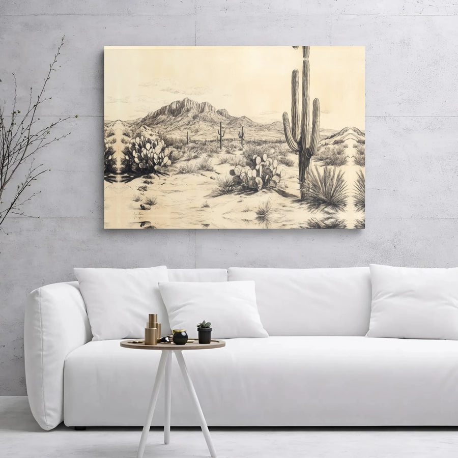 Desert Landscape Canvas Print | Vintage Saguaro Cactus Sketch | Premium Gallery Wrap Wall Art | Southwestern Home Office Decor Gift
