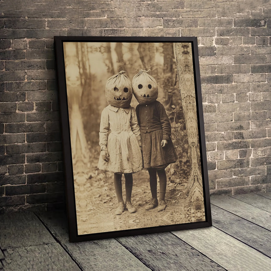 Vintage Halloween Wall Art | Creepy Pumpkin Mask Children Photography | Premium Gallery-Wrapped Canvas | Gothic Home Decor Gift