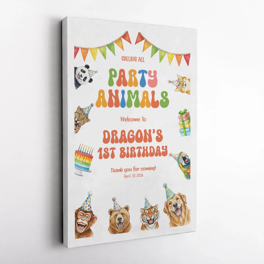 Party Animals Birthday Welcome Sign | Watercolor Jungle & Pet Animals | Premium Canvas Wall Art | Baby's First Birthday Decor Gift