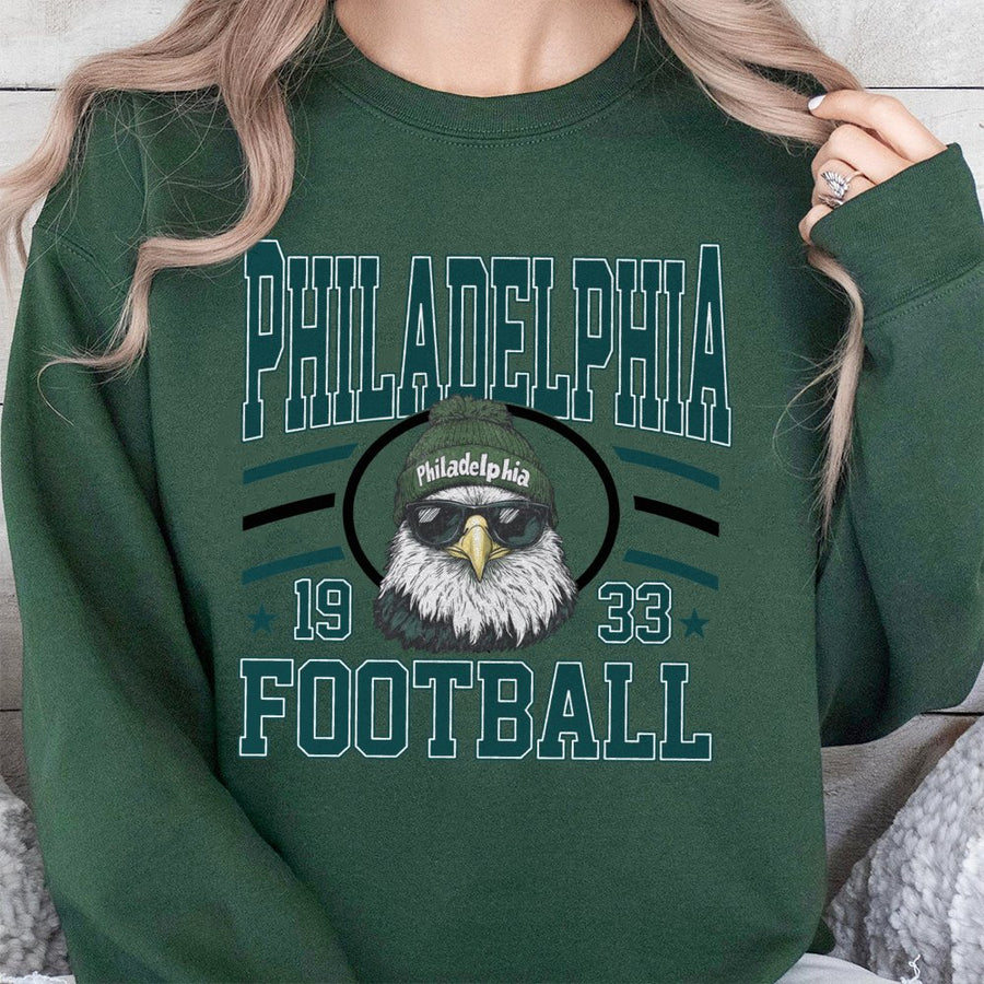 Philadelphia 1933 Football With Bald Eagle Mascot In Beanie And Sunglasses Sweatshirt