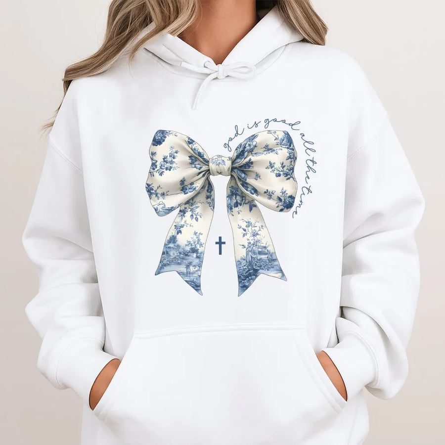 God Is Good Hoodie | Toile De Jouy Bow Christian Aesthetic | Premium Cotton Blend Sweatshirt | Religious Faith Gift For Her