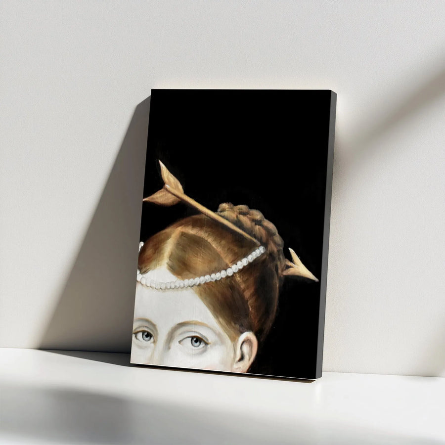 Surreal Renaissance Portrait Canvas | Lady with Arrow and Pearls Wall Art | Premium Gallery Wrapped Print | Unique Dark Academia Home Decor Gift