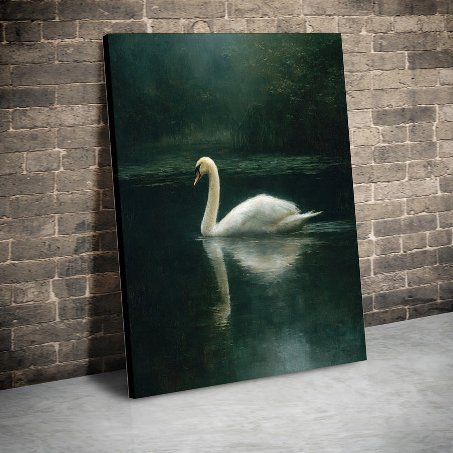 White Swan Canvas Wall Art | Tranquil Lake Landscape Painting | Premium Gallery Wrapped Decor | Nature Lover Living Room Gift