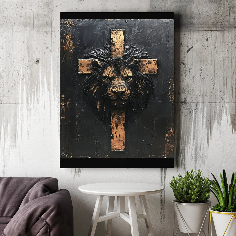 Lion of Judah Canvas Wall Art | Gold and Black Cross Religious Decor | Premium Fade-Resistant Print | Spiritual Gift for Home or Office