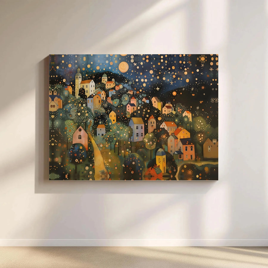 Whimsical Village Canvas Print | Starry Night Hillside Town Art | Premium Gallery Wrapped Canvas | Living Room Wall Decor Gift