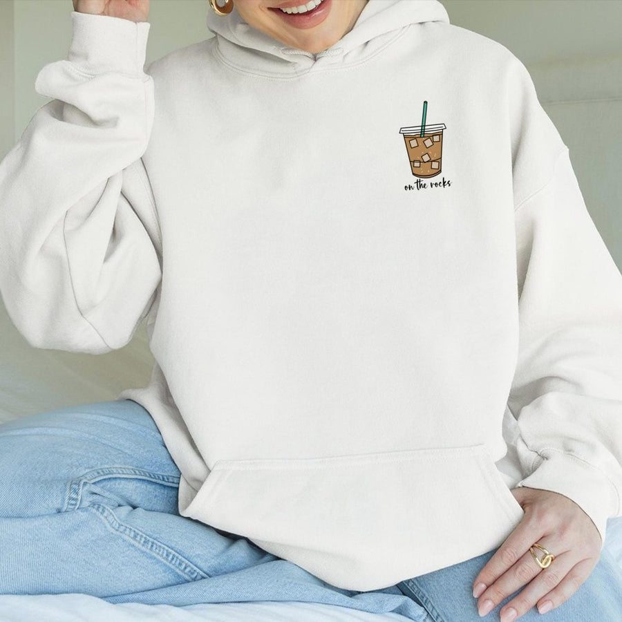 Iced Coffee Hoodie | Minimalist On The Rocks Graphic | Premium Cotton Blend Unisex Pullover | Cute Gift for Coffee Lovers