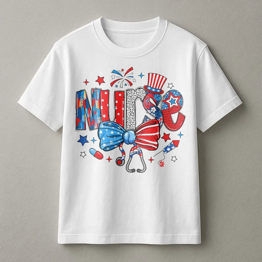 Patriotic Nurse T-Shirt | Coquette American Flag Design with Stethoscope Bow | Soft Cotton Blend | 4th of July Gift for ER, ICU, LPN Nurses